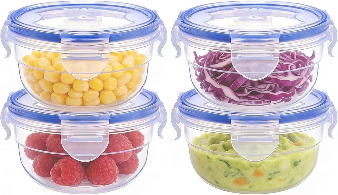 KIGI Small Plastic Bowls with Lid, Leak Proof Round Food Storage Container Set for Meal Prep, Lunch & Soup, 4 Sided Locking Lid, Airtight, BPA-Free Plastic, 10 oz / 1.25 Cup, 8 Piece set