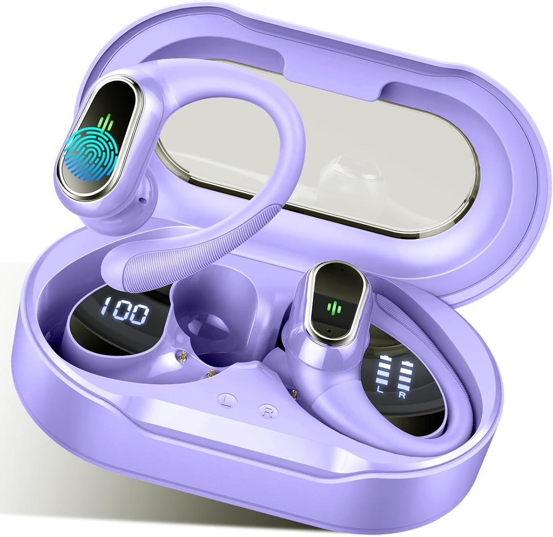 Wireless Earbuds, 2025 Bluetooth 5.4 Headphones Sport, Bluetooth Earbuds with ENC Noise Canceling Mic, 50H Stereo Wireless Headphones IP7 Waterproof with Earhooks, Dual LED Display for Workout/Running (Gemstone Purple)