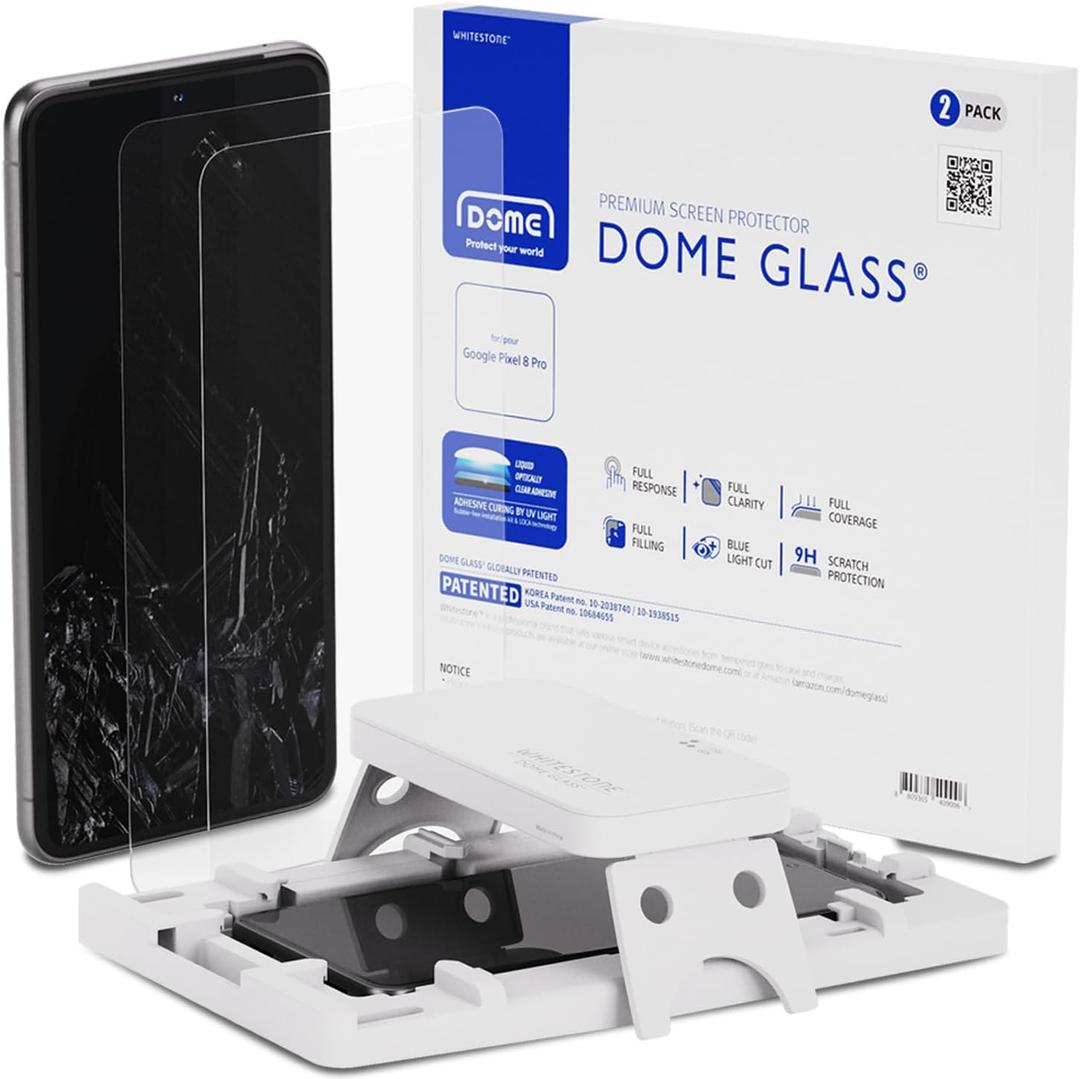 Whitestone DOME GLASS [Perfect Full Coverage] Tempered Glass Screen Protector for Google Pixel 8 Pro with UV lamp [2Pack]