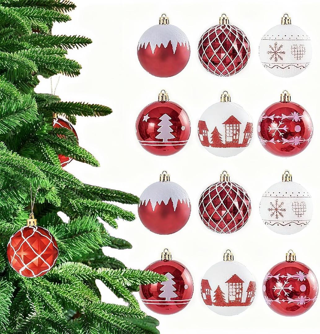 Christmas Decoration, 2.4 Inch 12PCS Christmas Tree Ball Ornaments, Red and White Shatterproof Decorative Baubles, Painted Nordic Holiday Design