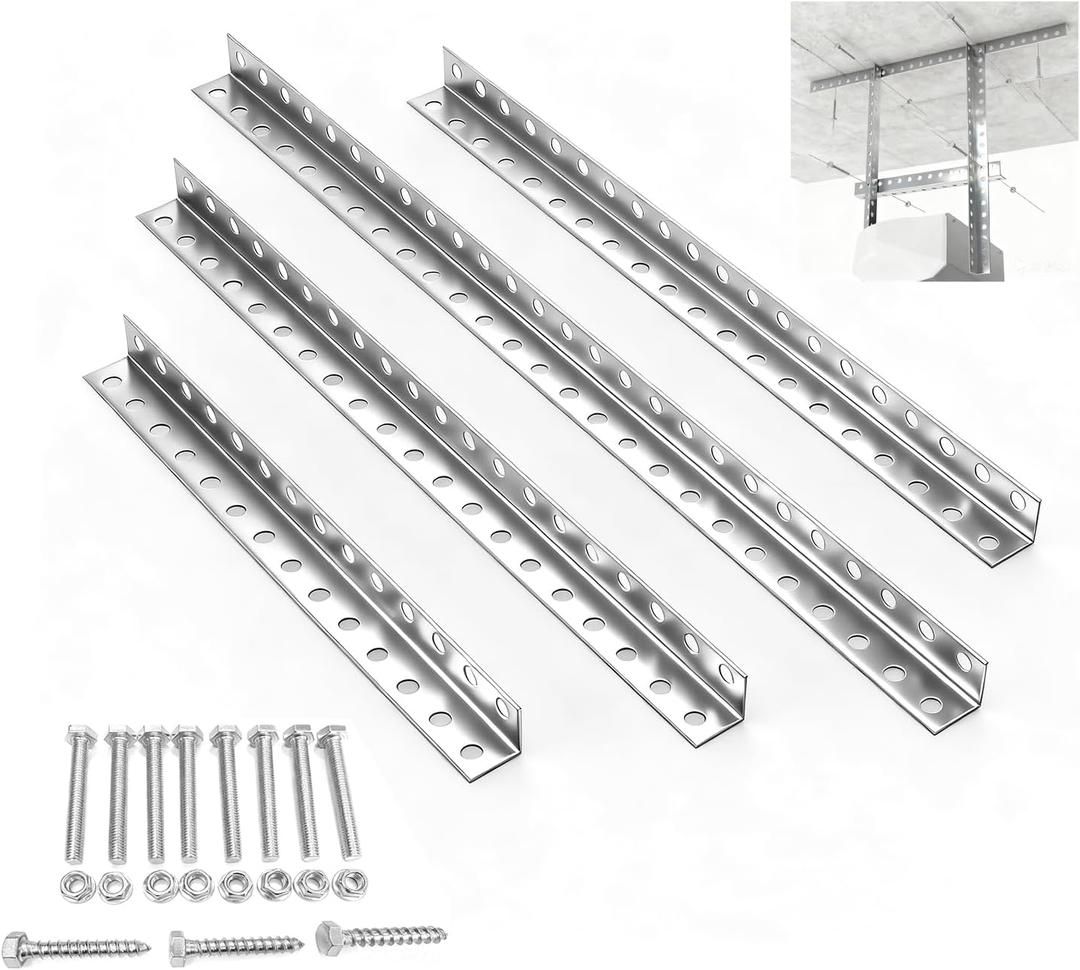 4-Piece Garage Door Opener Hanging Bracket Kit, 13 Gauge Heavy Duty Galvanized Steel Angle Iron Brackets with Mounting Hardware, Compatible with Genie/Chamberlain/Craftsman Smart Chain Drive Openers