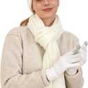 Double Couple 3pcs Winter Women scarf and hat and Touch Screen Gloves Set for Women Knit Hat with Faux Fur Ball Scarves Glove (White)