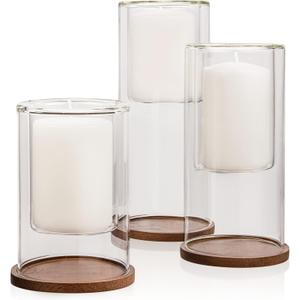 Set of 3 Glass Hurricane Candle Holders with Beech Wood Coasters, Crystal Clear Glass Pillar Candle Holders 4, 8 and 10 Tall, Decorative Centerpieces for Home, Weddings or Celebrations