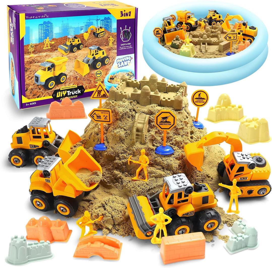Play Construction Sand Kit,2.2lbs Magic Sand W/4 Large Take Apart Construction Trucks,1 Sandbox,8 Worker Figures and Road Signs,8 Molds, Toys for 2-8 Years Old Boys Girls