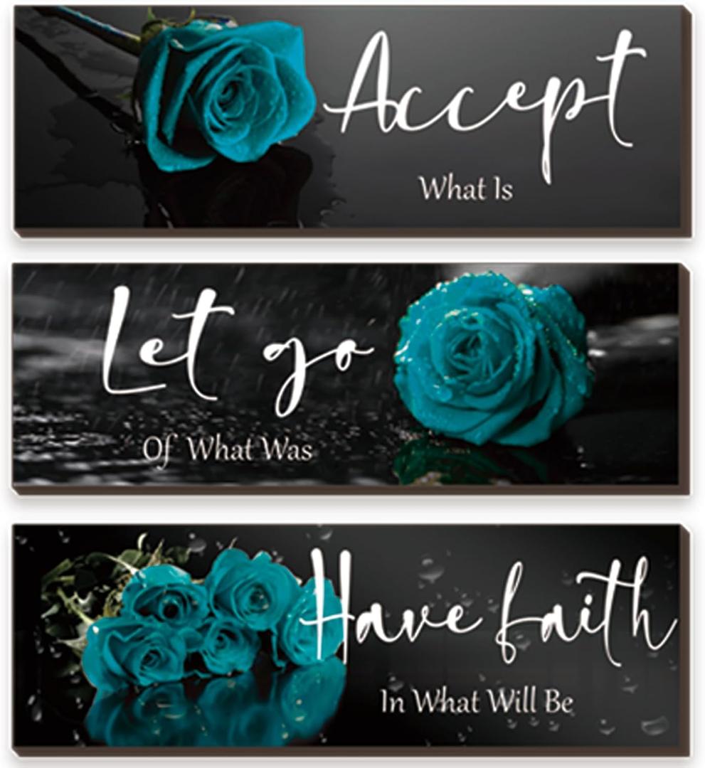 3 Pcs Teal wall decor Inspirational Teal Bathroom Decor Wooden Rose Wall Art Turquoise Office Decoration with Accept Let Go Have Faith Quotes for Girl Women Bedroom 12 x 4 Inches
