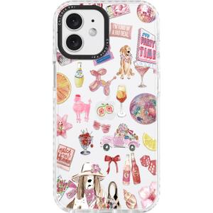 for iPhone 12 Case, Party Time Collage Pattern with Girly Pink Dogs & Cocktails, Military-Grade Drop Protection, Girly Pink Soft Slim TPU Protective & Camera Protection for Women Girls
