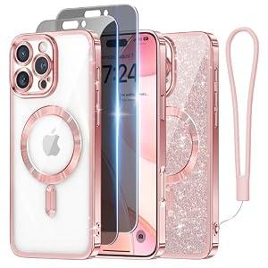 Meifigno for iPhone 16 Pro Max Case with 2X Privacy Screen Protectors, [Glitter Card & Wrist Strap][Compatible with MagSafe] Surround Lens Protection Designed for 16 ProMax Case 6.9", Rose Gold