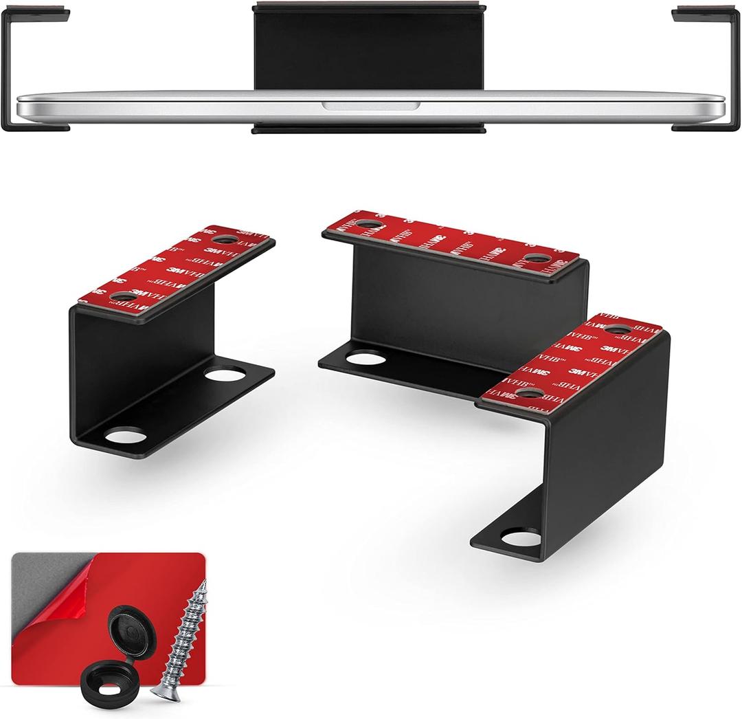 BRAINWAVZ Under Desk Laptop Holder Mount for Desk, Adhesive & Screw in, Devices Upto 1.5" Thick Like Macbooks, Surface, Keyboard, Routers, Modems, Cable Box, Network Switch & More (Metal Black)