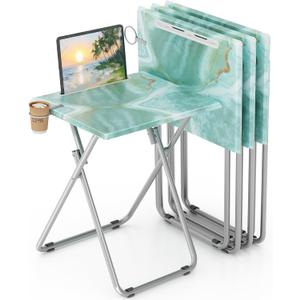 TV Trays Table Set of 4 Portable Folding TV Tray Table TV Dinner Tray with Sturdy MDF, Small Folding Tables with Phone & Tablet Slot, No Assembly Required, 15 x 18.9 x 25.6 in (Sea Blue Marble, 4Pcs)
