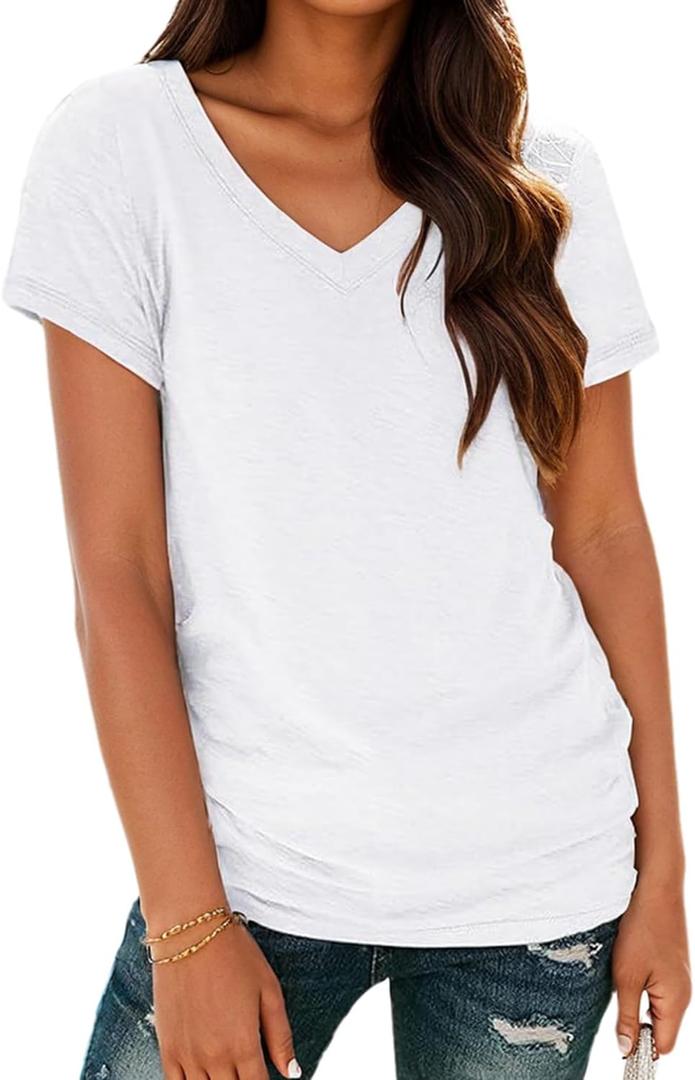 Solid Short Sleeve Shirts for Women, Soft V Neck Tshirts Shirts for Women Loose Fit Lightweight Basic Tee Tops (Medium, White)