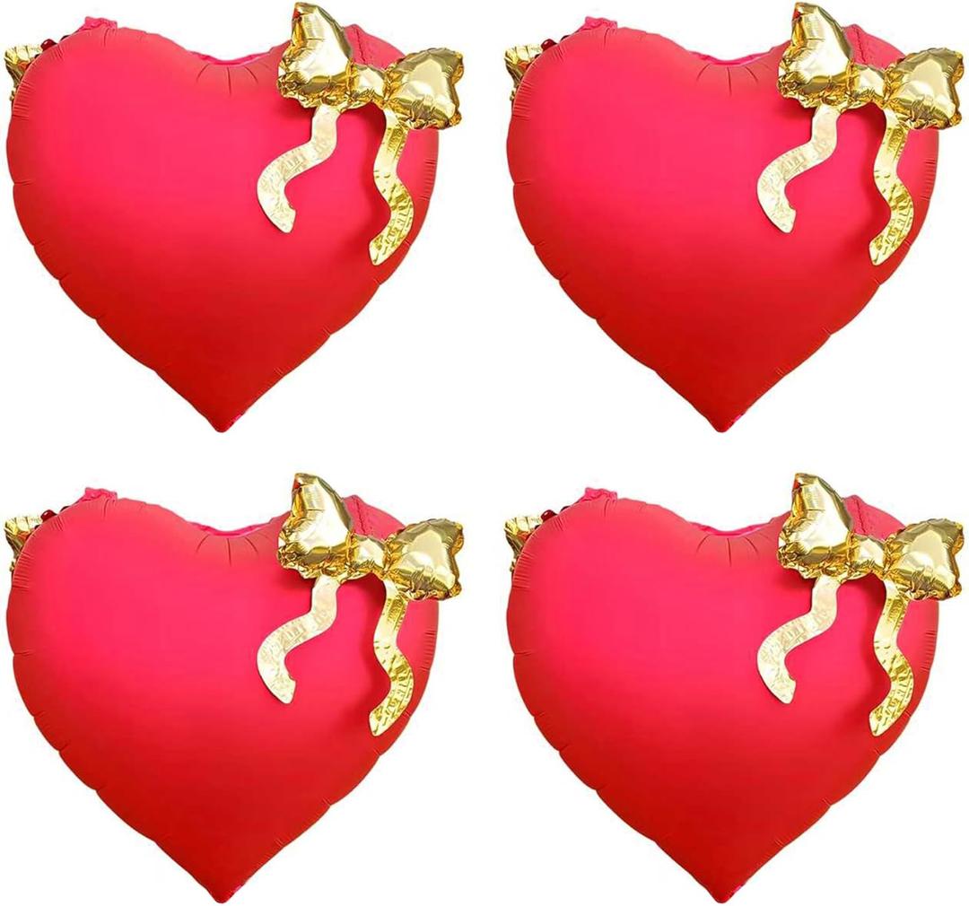 Red Heart Shaped Foil Balloons with Gold Bow Valentines Day I Love You Themed Balloon Hotel Decor for Happy Galentines Birthday Anniversary Proposal Romantic Party Decorations Special Night for Him