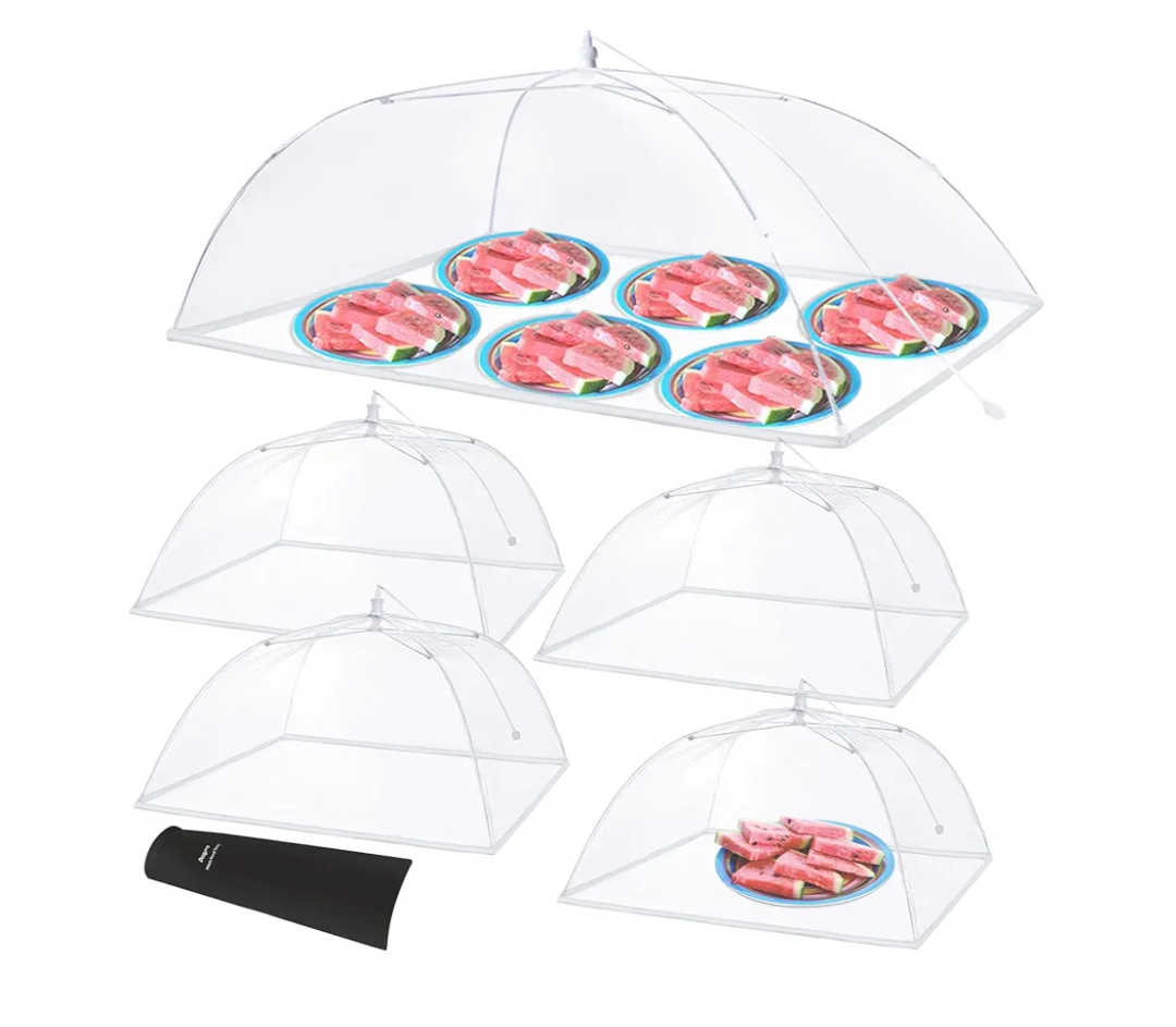 Anpro Food Covers for Outdoors - 1 Extra Large (40"x25") + 4 Large (17"x17") Pop-Up Mesh Food Tents, Collapsible Reusable Bug-Proof Nets for Picnics, BBQs & Camping, Stainless Steel Frame