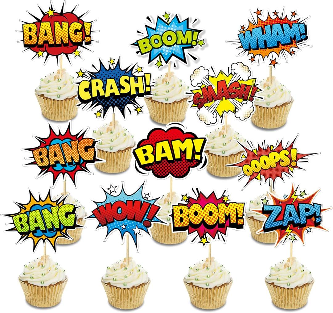 SuperHero Boom Cupcake Toppers 48 Pack Happy Birthday Cake Decor for kids Hero Theme Birthday Party Supplies Celebrating Party Events Baby Shower