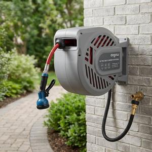 Aogow Retractable Garden Hose Reel 100 ft x 1/2 in, Heavy Duty Auto Rewind Hose Reel Wall Mount with Any Length Lock, 180° Swivel Bracket, 9-Pattern Spray Nozzle & 6.5 ft Lead-in Hose