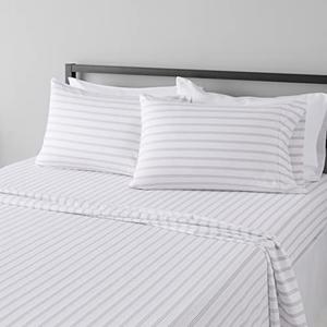 Amazon Basics Lightweight Super Soft Easy Care Microfiber 3 Piece Bed Sheet Set with 14-Inch Deep Pockets, Queen, Taupe Stripe, Striped