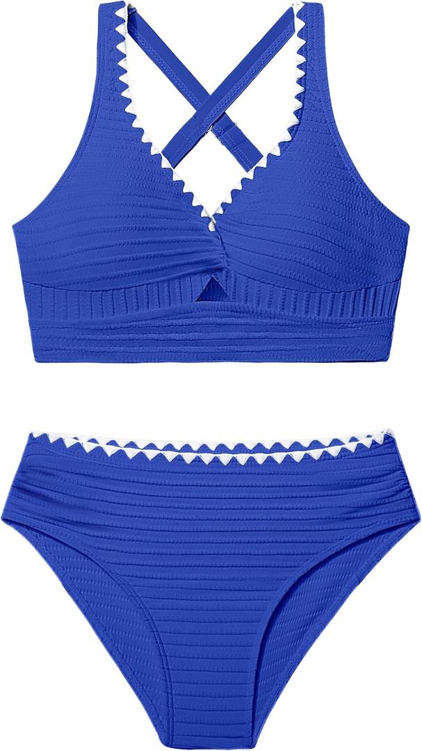 Oranchids Girls Swimsuit Solid Color Textured Bikini Set Contrast Trim Bathing Suit 2 Piece Swimwear Adjustable Straps, 7-8 Years