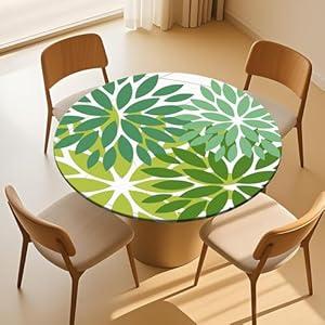 GzLeyigou Dark Light Green Round Fitted Tablecloth Elastic Edged Floral Table Cover Waterproof Wipeable Table Cloth Tablecloth Fits Tables up to 45"-56"