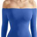SUUKSESS Women Off the Shoulder Long Sleeve Bodysuit Double Lined Thong Bodysuit (X-Small, Royal Blue)