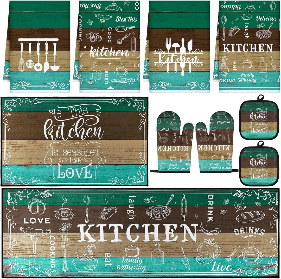 10 Pcs Farmhouse Kitchen Decor Sets, 4 Green Kitchen Dish Towels 2 Teal Pot Holders 2 Oven Mitts Glove Brown Rustic Non Slip Rugs and Mats for Floor Home Decorations Accessories Mom Gifts