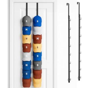 SWTYMIKI Over Door Hat Organizer - 2 Packs Metal Wall Mounted Hat Rack with 16 Hooks Design, Hanging Baseball Cap Organizer Storage Holds up to 32 Caps for Door, Bedroom, Closet (Black)