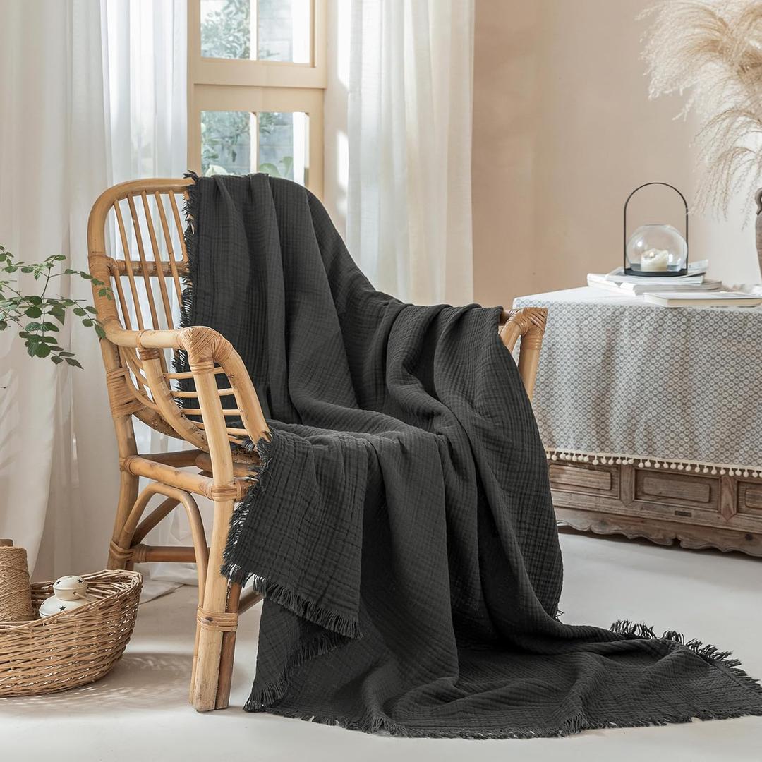Muslin Fringe Blanket for Adults 100% Cotton 4-Layer Gauze Cloud Soft Breathable Lightweight All Season Throw Blanket for Bed Couch Sofa Office (Dark Grey, Twin XL 66" 90")