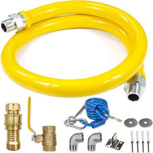 Safety System Kit, 3/4 In ID 48" Gas Hose Connector Kit with Elbows Quick Disconnect Gas Line Hose Full Port Gas Valve Restraining Device and Swivel Connector for Commercial
