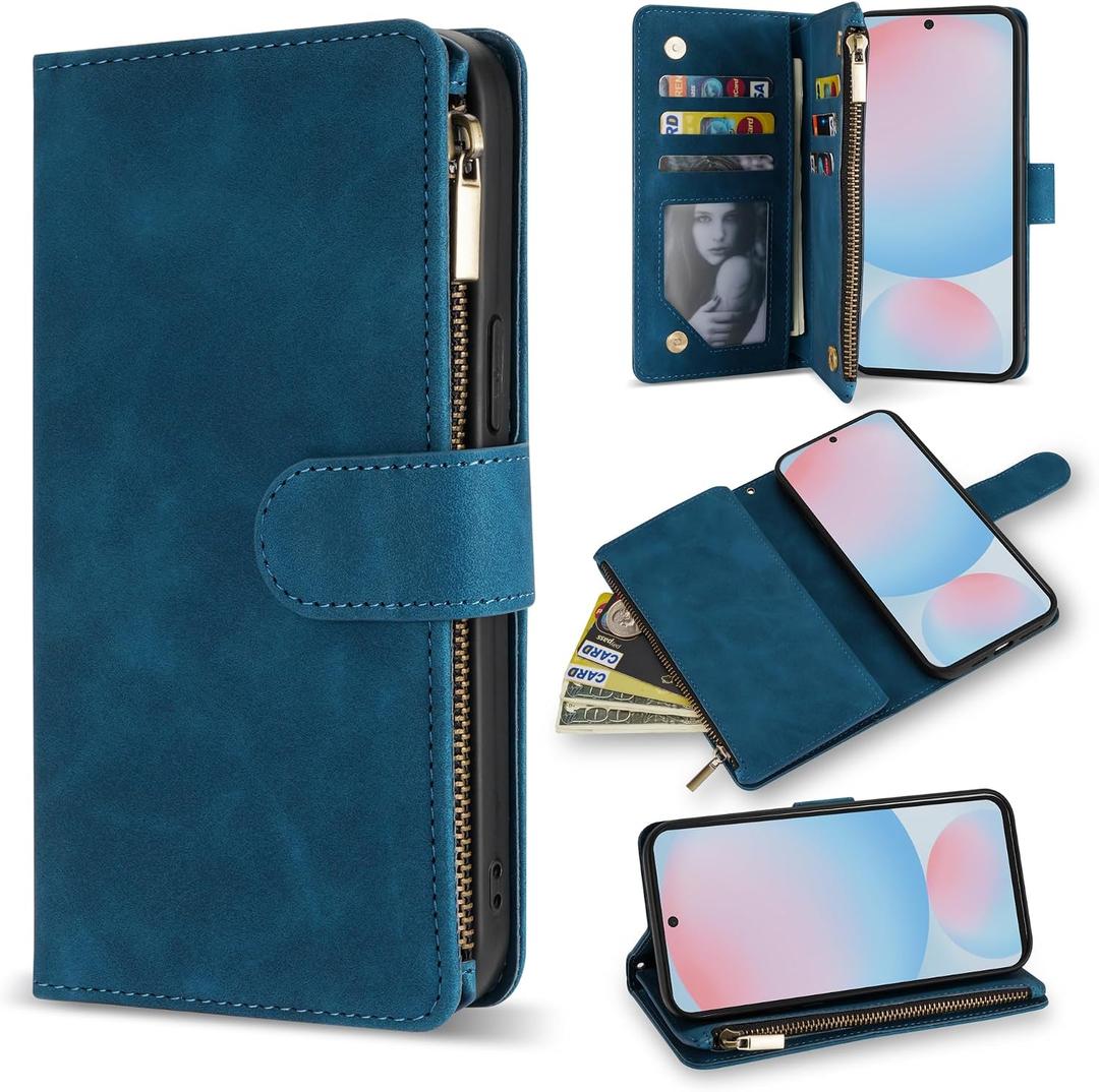 ZZXX for Galaxy S24 FE Wallet Case Zipper Pocket 6.7 inch,Blue