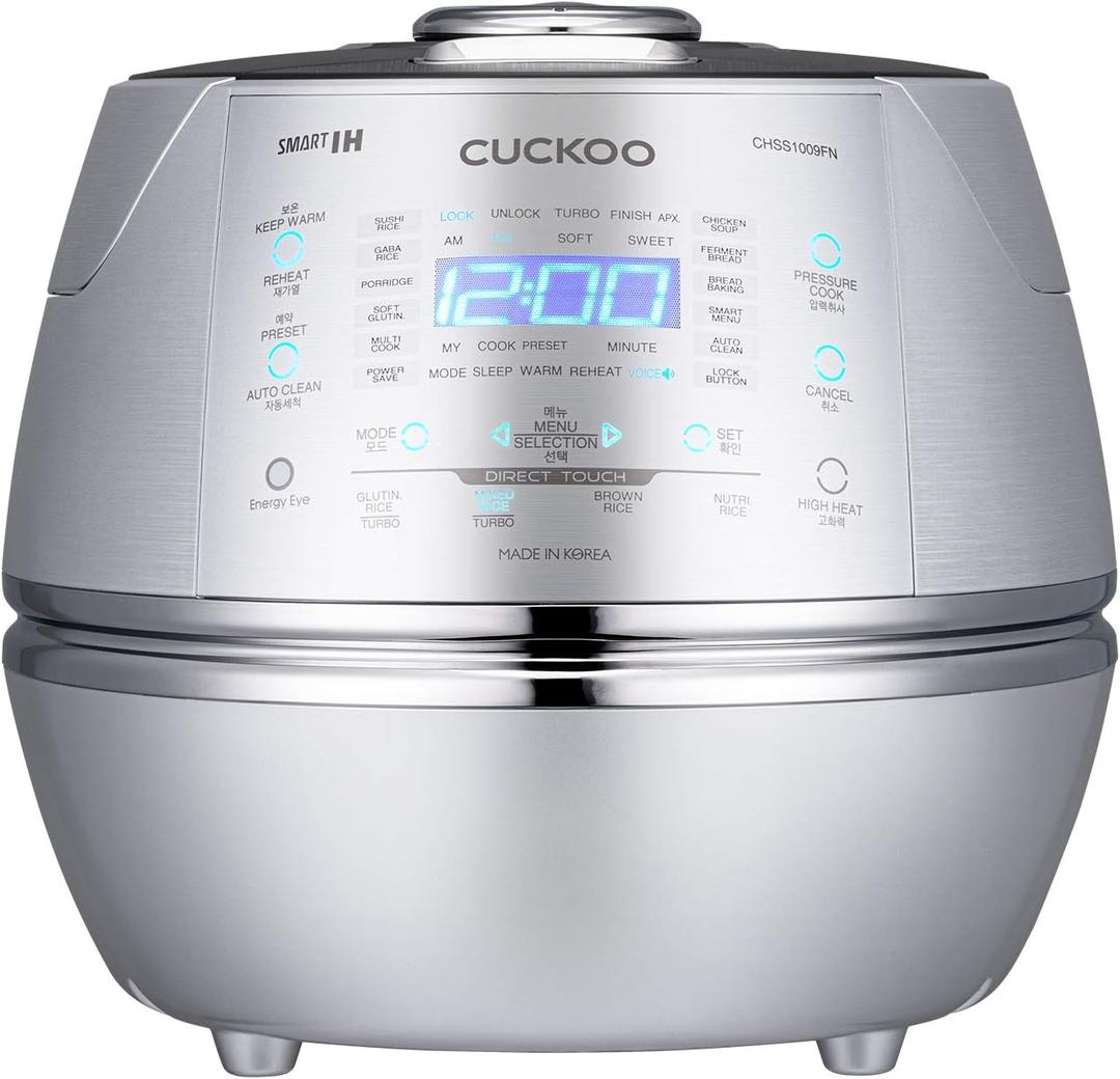 CUCKOO High Pressure Rice Cooker 10-Cup Uncooked / 20-Cup Cooked with Induction Heating Technology, Large Rice Maker with 17 Menu Options and Steam Plate, Voice Guide, Silver (CRP-CHSS1009FN)