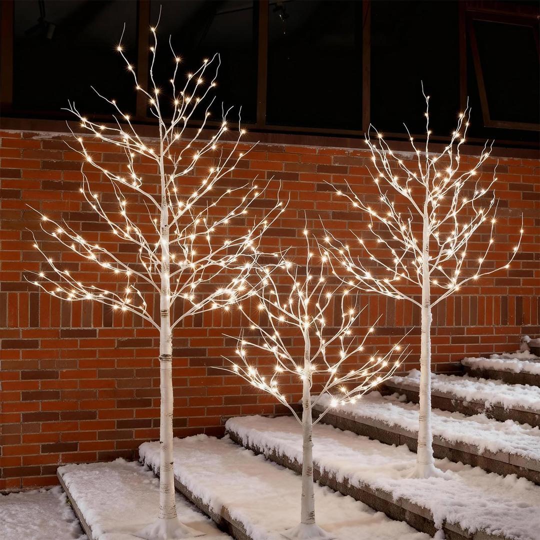 Lighted Birch Tree Set 4ft, 6ft and 8ft with 96/160/256 Warm White LED Lights for Holiday Decor - Realistic Design, UL Certified, Dimmable, Waterproof - Ideal for Indoor and Outdoor Decoration