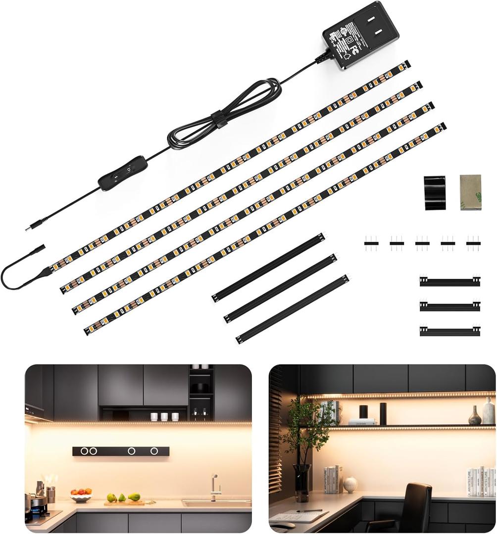 WOBANE LED Cabinet Lights,4 PCS 20inch LED Strip Lights Kit,Under Counter Lighting for Kitchen,Under Desk,Shelf,Display Case,Furniture,120 LEDs,1200 Lumen,4000K Natural White,Black (Natural White(4000K))