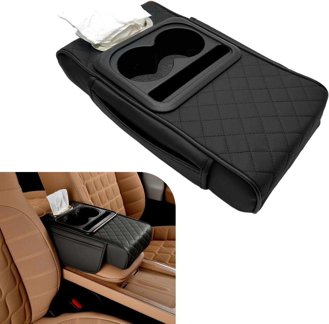 Car Center Console Cover, Upgrade 5-in-1 Genuine Leather Thickened Armrest Box, Armrest Storage Box with Cup, Universal Car Accessories Interior Organizers, for Most Cars (Black)