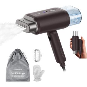 Newbealer Dual Voltage Garment Steamer 120V/220V, 1200W Powerful Steamer for Clothes, Home & Travel Use, Horizontal & Vertical Steaming, 20s Heat-up, Foldable, 1.72lbs, 180ml (Brown)