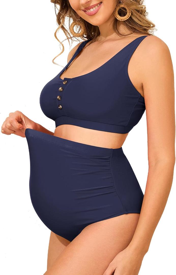 Zando Maternity Swimsuit High Waisted Bikini Set Button Down Maternity Bathing Suit 2 Piece Swimsuit for Women (Medium, Navy)