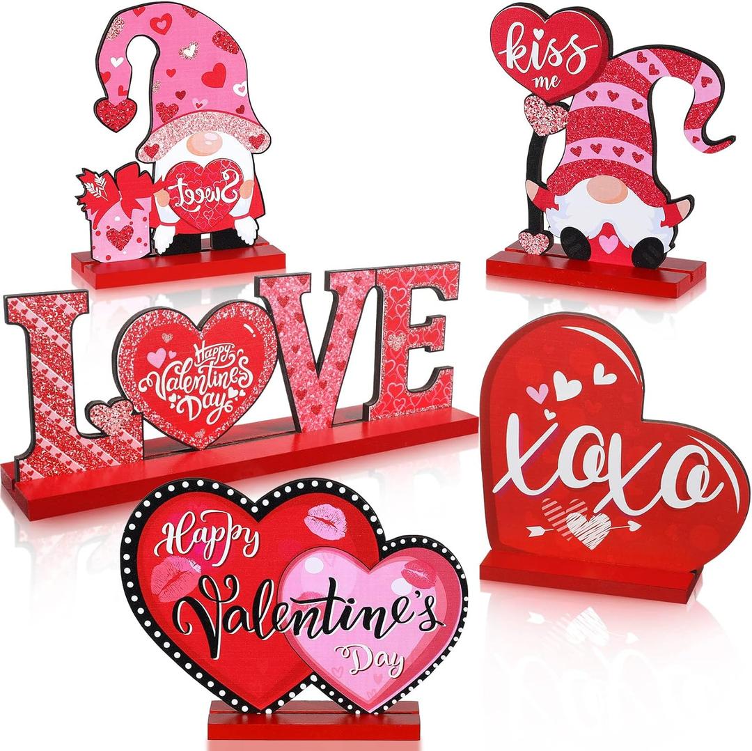 Valentine’s Day 5PCS Wooden Table Decorations Set - Romantic Gnome Figurines & LOVE Heart Signs Desktop Ornaments for Home Kitchen Office Valentine’s Day Party Romantic Decor Gifts