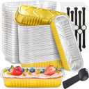Mini Loaf Pans with Lids and Spoons Rectangular Aluminum Foil Baking Pans Mini Cheesecake Containers 6.8oz(60 Pack, Gold)