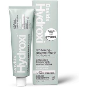 Davids Hydroxi Fluoride Free Nano Hydroxyapatite Whitening + Enamel Health Toothpaste, Antiplaque, Fresh Breath, Remineralizing, SLS Free, Natural Peppermint, 4 oz, Made in USA (4 Ounce (Pack of 1))