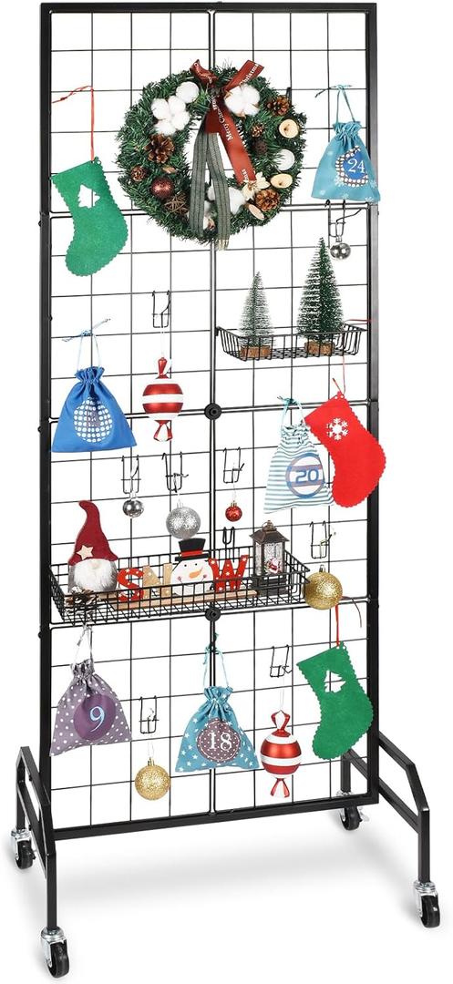 GADFISH Gridwall Panel Display Stand, Heavy-duty Movable Wire Gridwall Display Racks, Floorstanding Double Side Display Stand for Home Organization, Retail, Trade Show, Arts Craft Fair (Dark), GFJ02