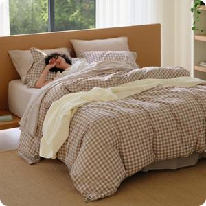 Bedsure Gingham Duvet Cover King, 100% Washed Cotton Duvet Cover LinenLike, PureWoven with Reversible YarnDyed Design & DoubleStitch Craft, 3-Piece with Zipper, Gingham Light Brown, 104"x90"