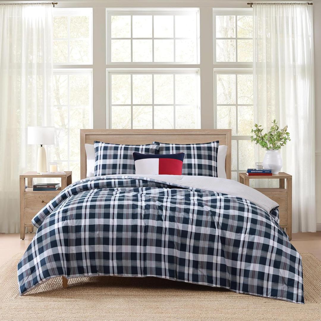 Tommy Hilfiger - Twin/Twin XL Comforter Set, Cotton Textured Bedding with Matching Sham, Medium Weight Bed Set, Oeko-TEX Certified (Dream Madras Blue)
