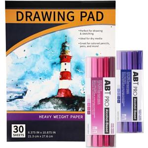 ART SET 11 ABTPRO. Pink & Purple Tones Alcohol Markers Dual Tip  ART Drawing Pad 9"x12" 30 Sheets Heavy Weight Paper
