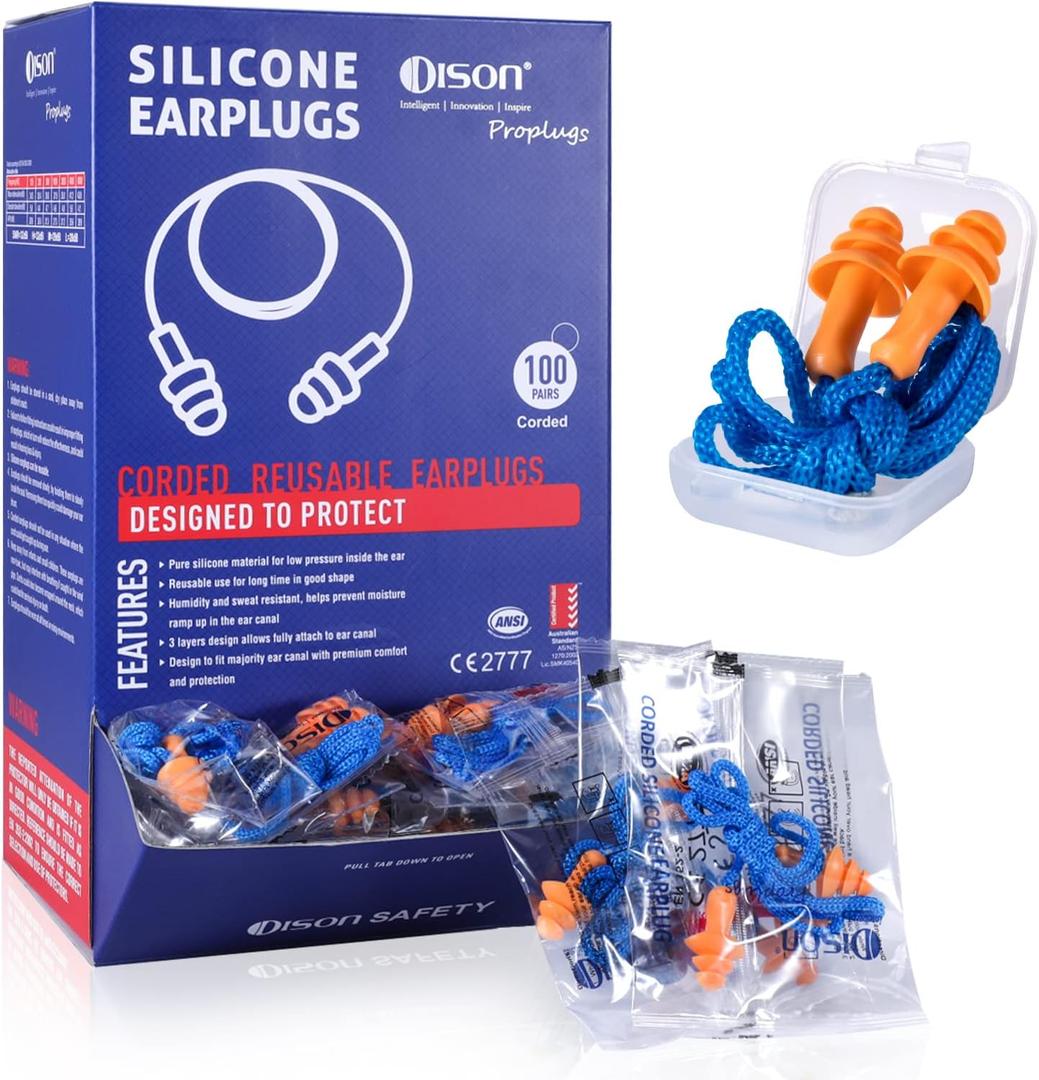 Dison 100Pairs Silicone Ear Plugs, 32dB Corded Reusable Earplugs for Hearing Protection, Noise Reduction for Shooting Range, Work, Travel