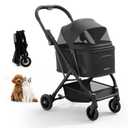 Lightweight Dog Stroller for Small Dogs & Cats Portable Compact Folded Pet Stroller Up to 35lbs Medium Pets One Click Folding Large Cat Carriage with Convertible Canopy Storage Basket - Black