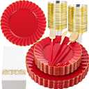 Ciaell 175 PCS Red Scalloped Plastic Plates with Gold Trim - Red Plastic Silverware with Handle - Fancy High-End Dinnerware Sets for Wedding & Party
