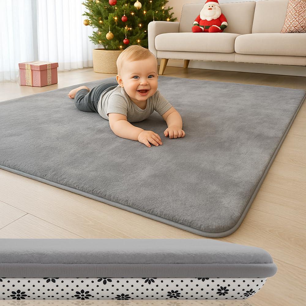 50X 50 Thick Padded Baby Floor Play Mat 1.2" Cushioned Velvet Surface Non Slip Bottom High Density Foam Safe and Soft Floor Mat for Infants Toddlers and Playpen Use,Gray