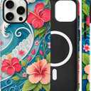 Magnetic for iPhone 16 Pro Case Cute Hibiscus Flower Ocean Wave Phone Case, Tropical Floral Beach Shockproof Slim TPU and Hard PC Protective Phone Cover Compatible with MagSafe Gift for Women