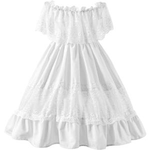 fioukiay Toddler Girl-Wedding-Princess-Maxi-Dress Boho Off Shoulder Lace Ruffle Dress Gowns Holiday Dresses (9-10 Years, White)