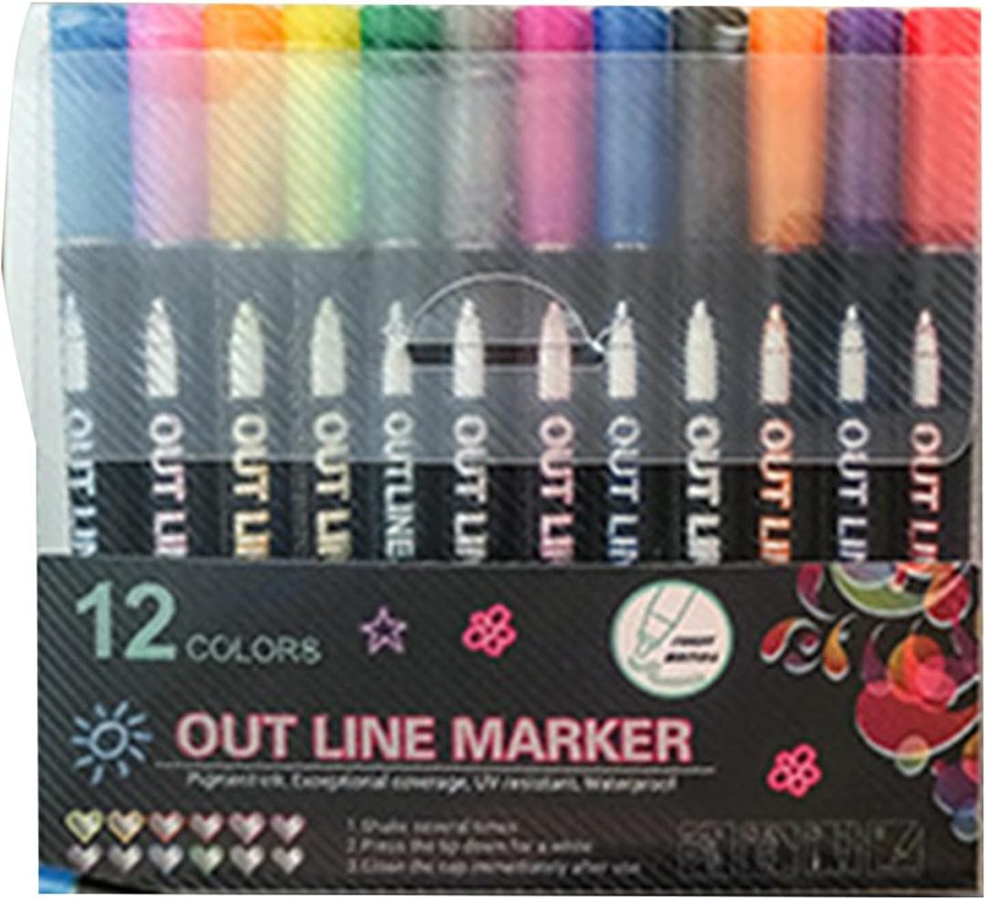 Worparsen DIY Craft Markers School Supplies 12pcs Student Outline Highlighter Pen Double Line Glitter Shimmer Marker for Note-Taking Card Making Art 12 Colors 12 Colours
