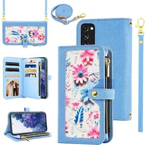 Floral Wallet Case for Samsung Galaxy S20 FE 5G 6.5 inch with Wrist Strap Shoulder Strap Flip Zipper Purse Stand Phone Cover for S 20 EF UW 2022 S20FE5G S20FE 20S S2O Fan Edition 4G G5 Blue