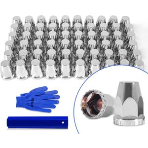60Pcs Lug Nut Covers 33mm Flat Top Thread-on Nut Covers for Semi Trucks ABS Chrome Plastic Nut Covers with 1 Pair of Gloves and 1 Cover Puller