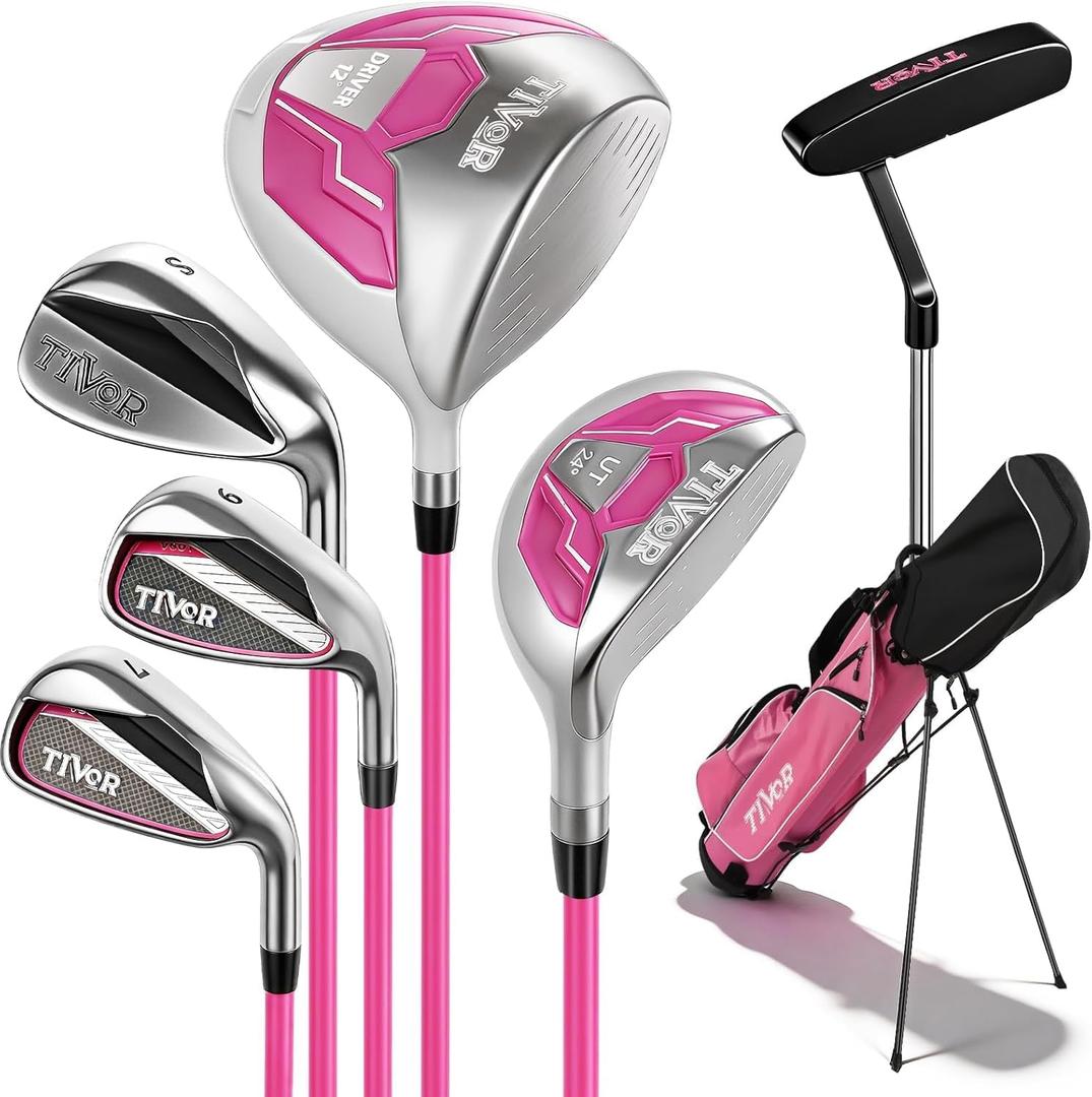 Tivor Golf Clubs for Women Right Handed 7-Piece Complete Set with 12 degrees Driver Hybrid #7 Iron #9 Iron Sand Wedge, Putter, Stand Bag - Beginner Women's Golf Set Pink, Complete 7-Piece Golf Set for Women